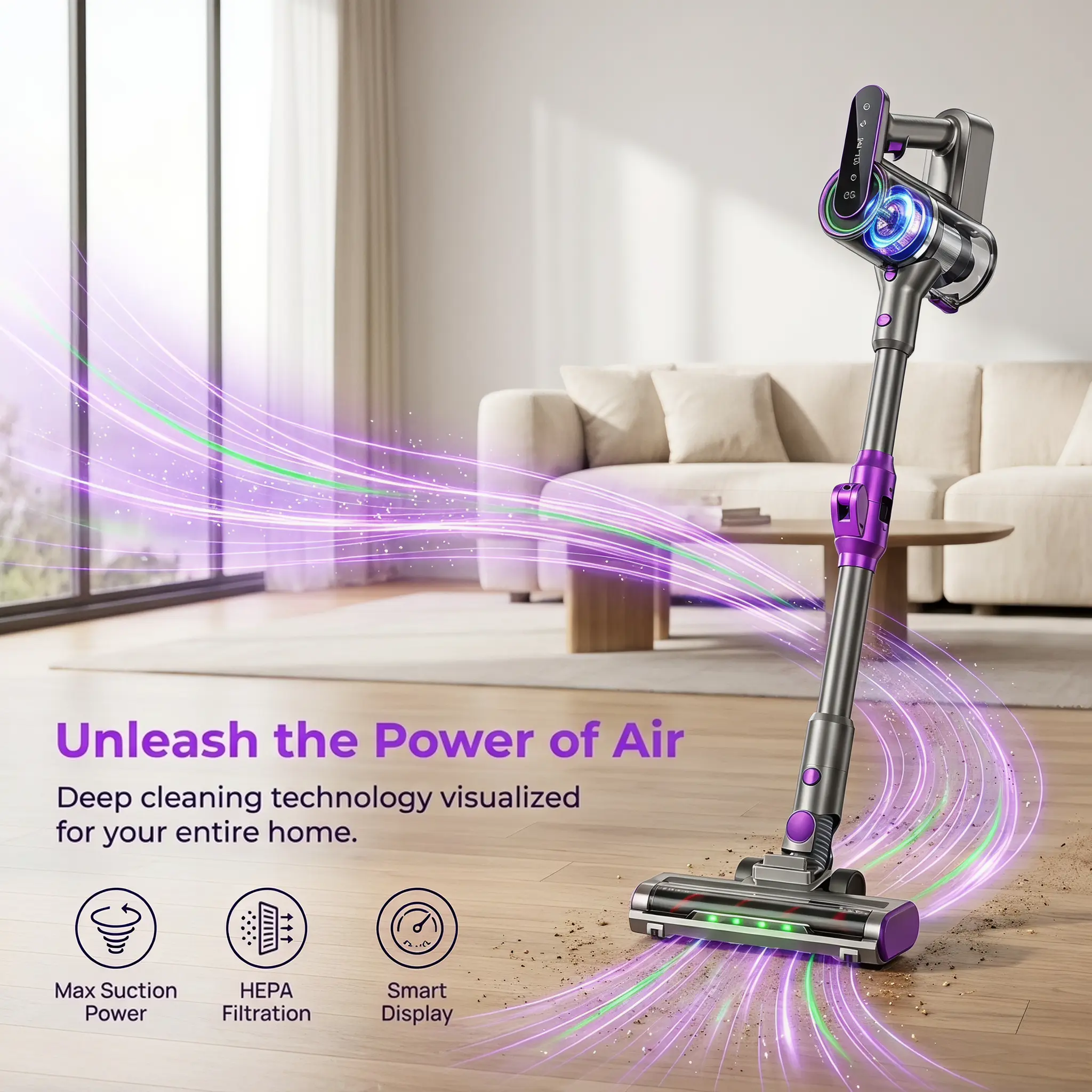 55kPa High Suction Cordless Stick Vacuum Cleaner, Up to 70 Mins Long Runtime Handheld Vacuum with LED Smart Display, 8-in-1 Lightweight Self-Standing Vacuum Equipped with Anti-Tangle Roller Brush, Perfect for Pet Hair, Hardwood Floors, Carpets & Household