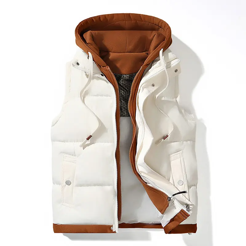 Men's fashionable trend hooded jacket, featuring a drawstring design. Sleeveless quilted coat, double zippers for closure, side pockets. Suitable for the warm layer wear in autumn and winter daily outfits.