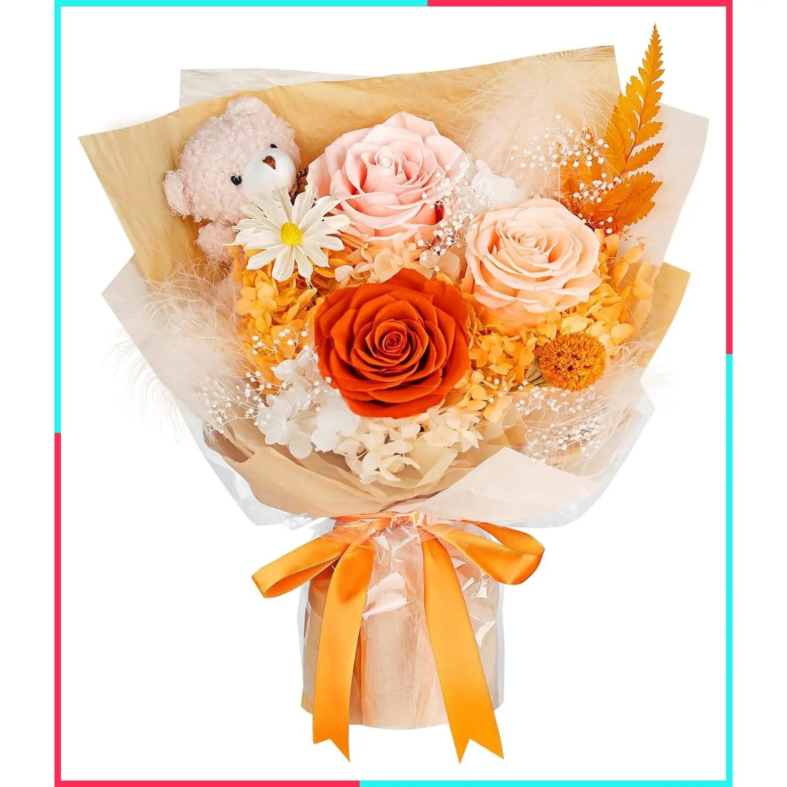 Orange Preserved Flowers with Teddy Bear, Gift for Mom with Flower Delivery