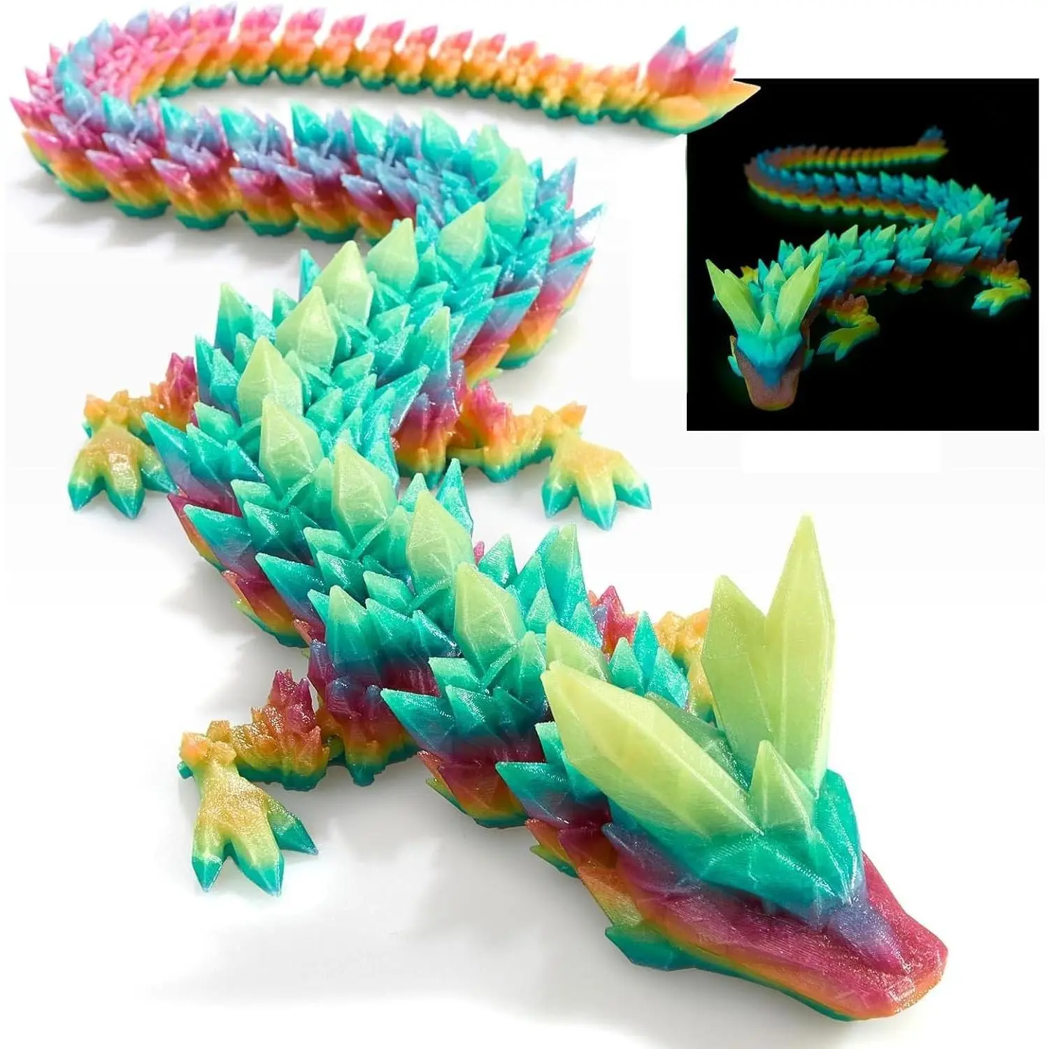 24 inch Large 3D Printed Dragon Luminous Rainbow Glow in the Dark | 3D Dragons Figurine Toy,Big 3-D Printed Dragon, Large 3D Printed Animals for Dragon Party,Home Office Desk Decor
