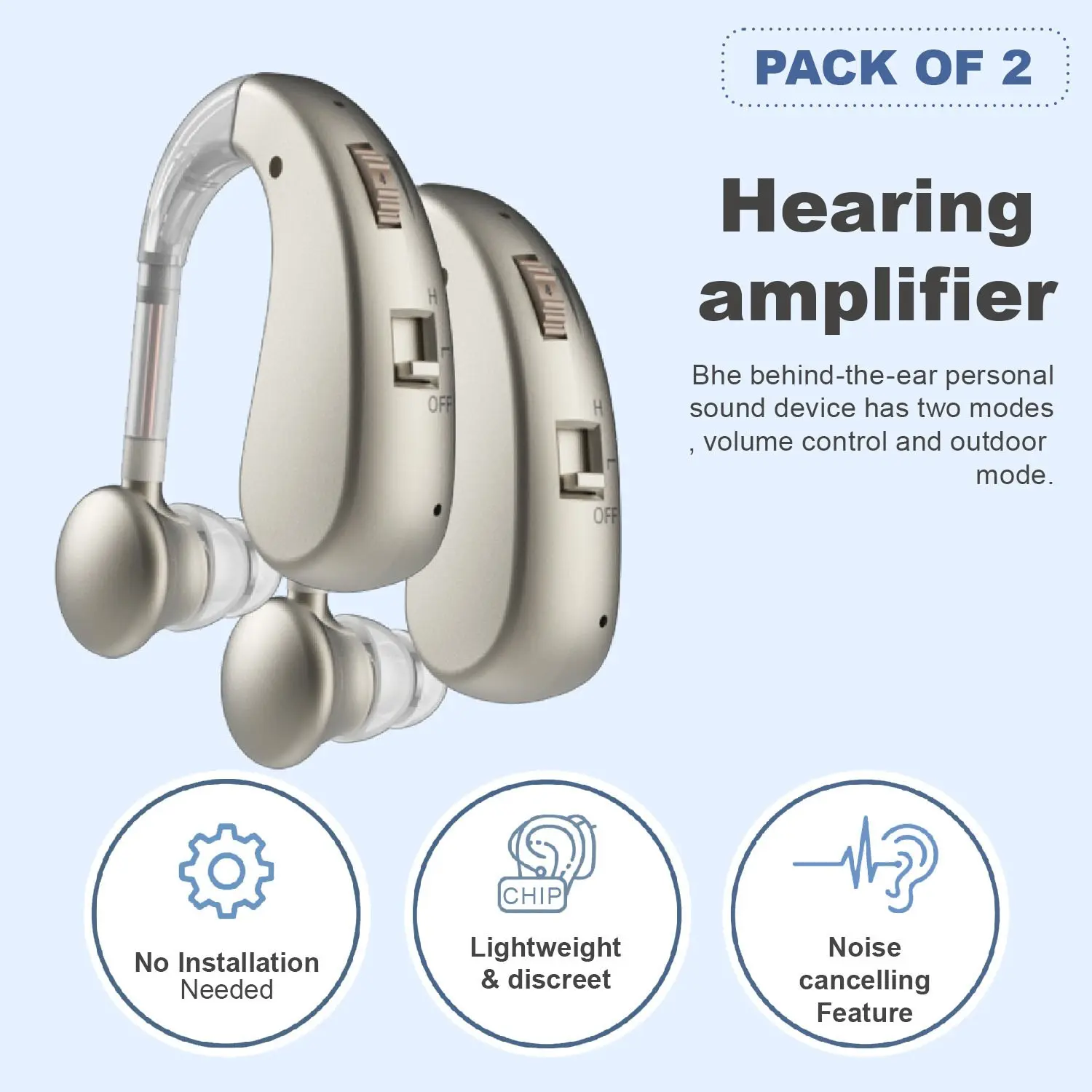 2Pcs Rechargeable Hearing Aids with Noise Reduction, In-Ear Amplifier Earphones for Adults, Golden Color, Indoor Outdoor Use