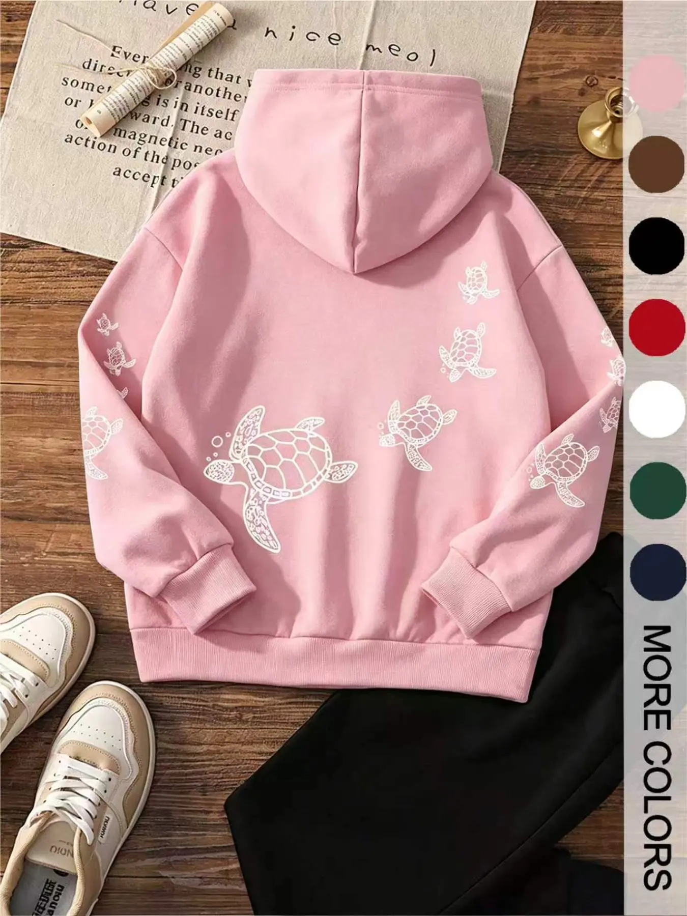 Women's Casual Turtle Print Hoodie, Loose-Fitting Drop Shoulder Sweatshirt, All Seasons, Animal Pattern, Unisex Back-To-School Gift