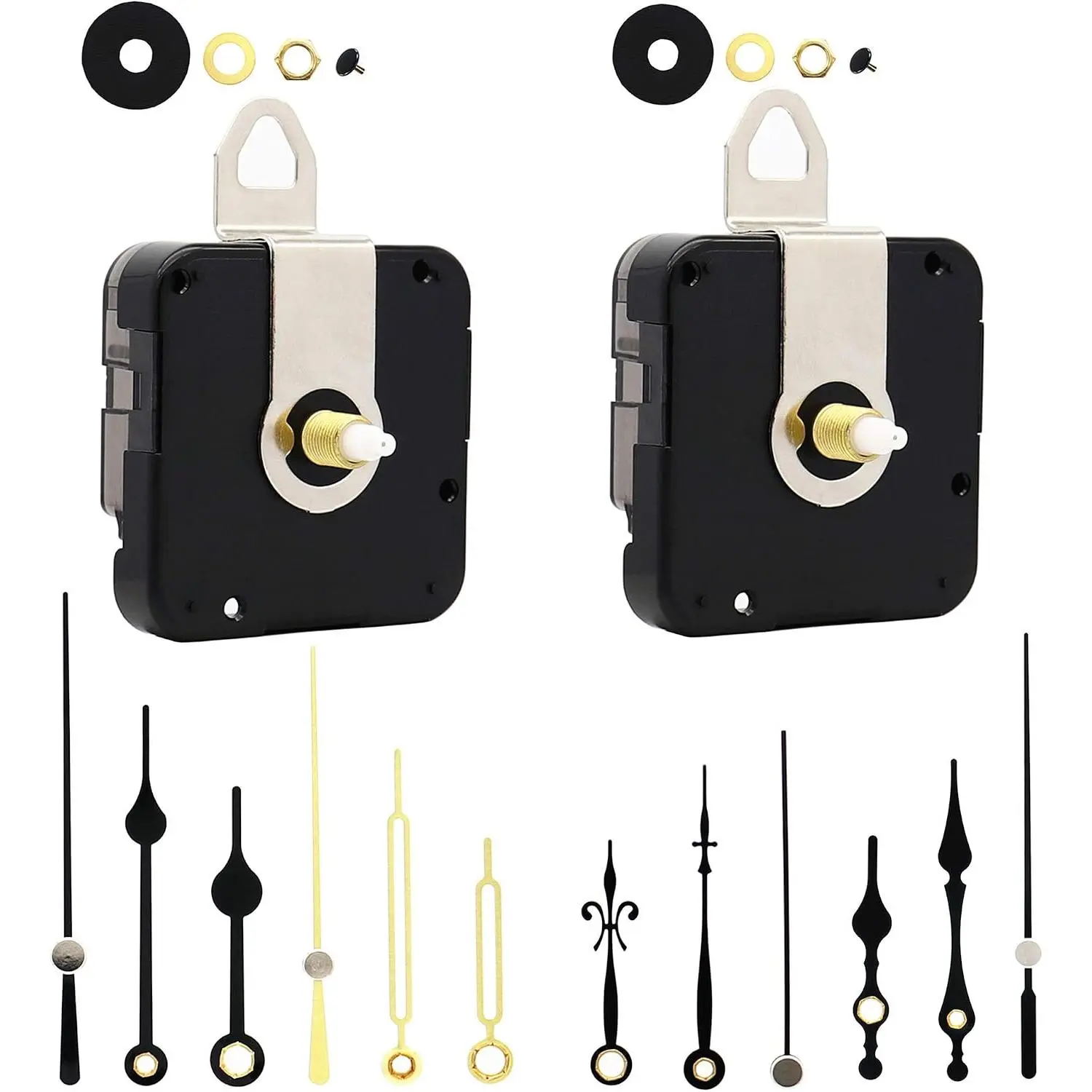 Youngtown 12888 Silent Sweep Quartz Clock Movement Kit - 2 Movements, 16mm Shaft, 4 Pairs of Hands, 2-6mm Thickness, Quiet Operation, Accurate Time-Keeping, Assembly Kit for DIY Clock Making & Repair