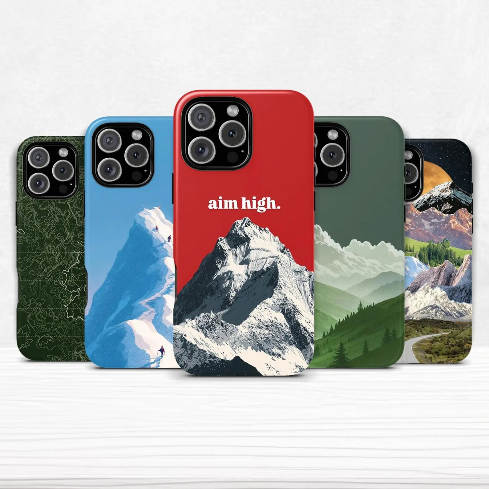 Mountain-pattern dual-layer phone case, compatible with iPhone 11–17 Pro Max/Plus series and Samsung Galaxy S23–S25 series.