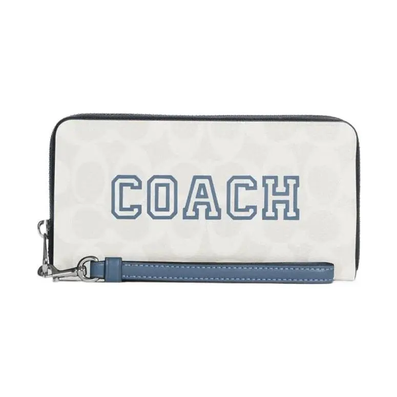 COACH Zip Around 19 Wristlet Handbag for Women – Classic Monogram Print in Chalk White and Indigo Blue