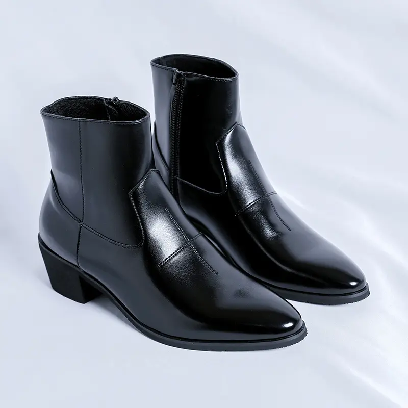 XORAM Men's Black Glossy Fashionable Versatile Trendy Chelsea Ankle Boots Pointed Toe Side Zipper Chunky Heel Height-Increasing Fashion Boots British Business Formal Ankle Boots 66673-R