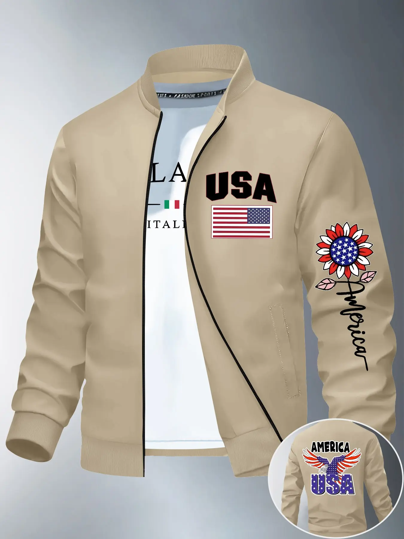 Baseball Neck Zipper Jacket, Regional Print, Floral & Handwritten Patterns, Eagle Graphic, American Vintage Style, Casual Outerwear