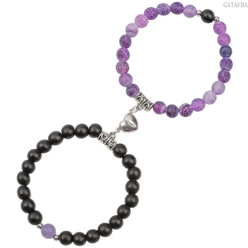 Unisex Natural Stone Beaded Bracelet Set - Adjustable Heart-Shape Matching Bangles, Sports & Outdoor Jewelry, Gifts for Boyfriend for Birthday, Anniversary, Valentine's Day & GF Gift
