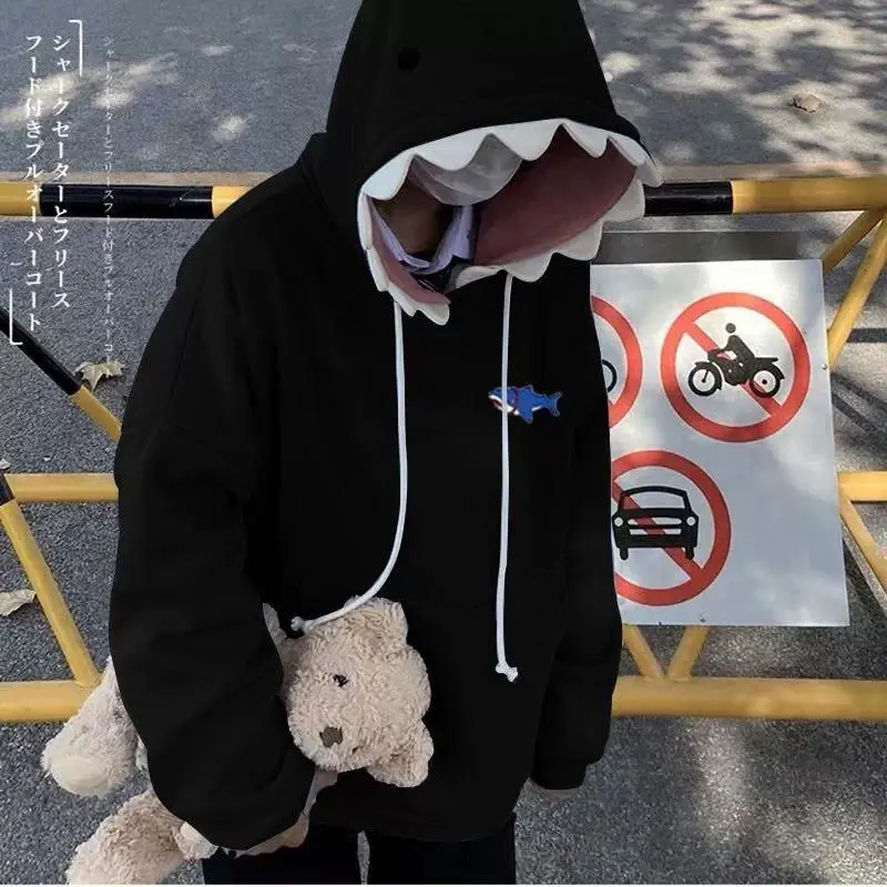 Japanese Style Cute Girl Shark Hat Funny Sweater Kawaii Cartoon Shark Hat Hoodie Loose Casual Cozy Pullover Oversized Sweatshirt