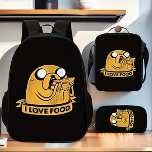 Adventure Time's Jake loves food and this black and yellow three-piece school bag set includes a backpack, insulated lunch bag, and stationery storage bag, suitable for daily use by teenagers