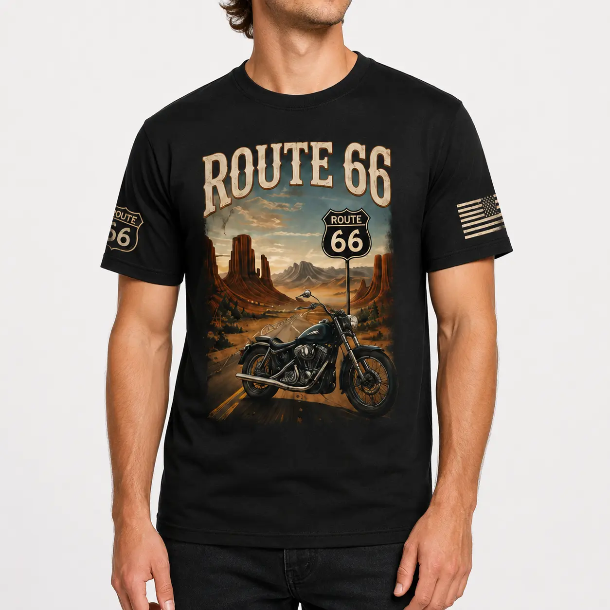 Men's  Motorcycle Graphic T-Shirt, Vintage American Highway Biker Tee, Black Crew Neck Short Sleeve with Front Back Print, Retro Road Trip Casual Top,outfits,men's wear,men fashion,summer men fashion clothes,