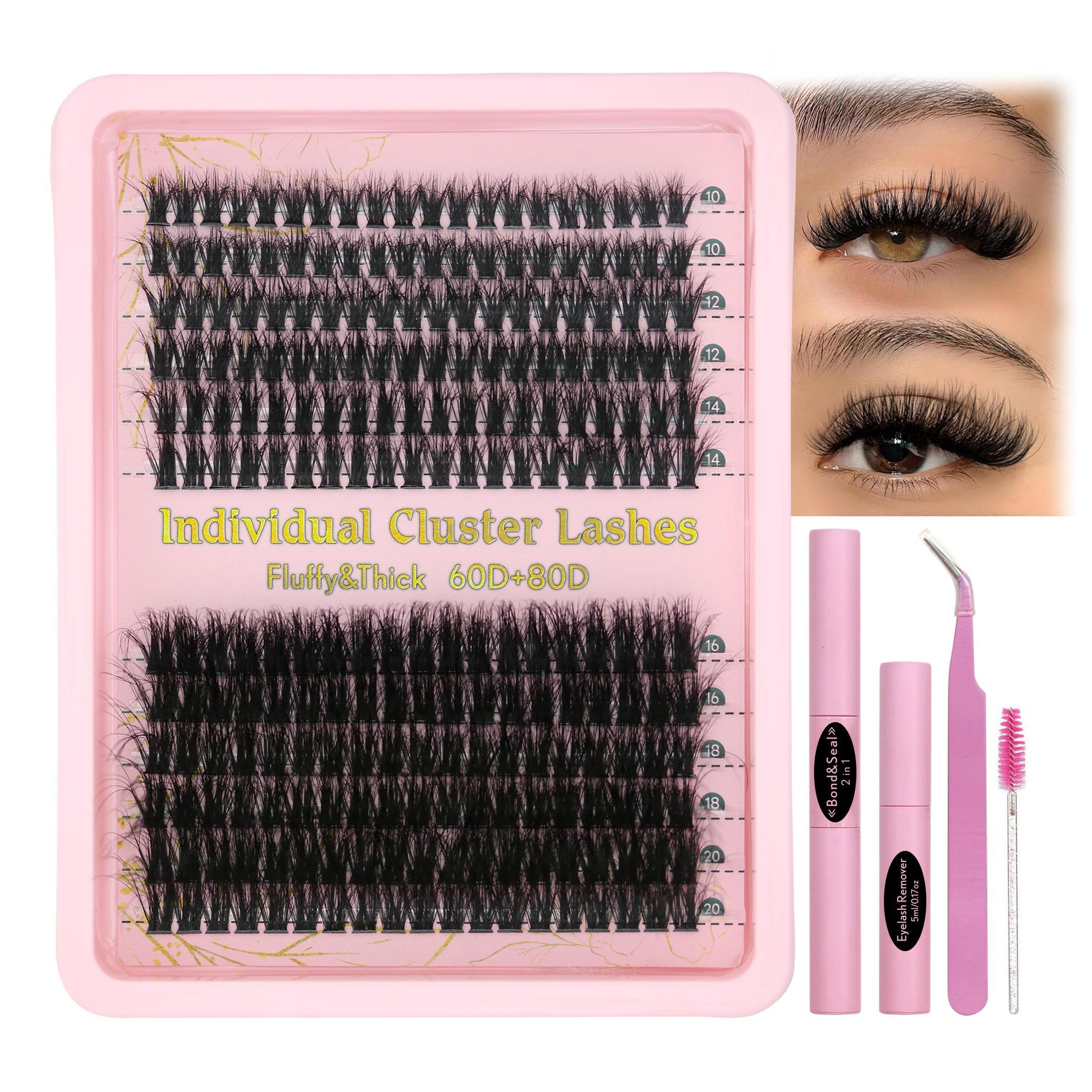 10-20mm Cluster Eyelashes Extensions, 1 Set Eyelash Cluster Kit with Tweezers, Glue, Remover & Brush, DIY Eyelash Kit, Volume Focused Lashes, False Eyelash Set