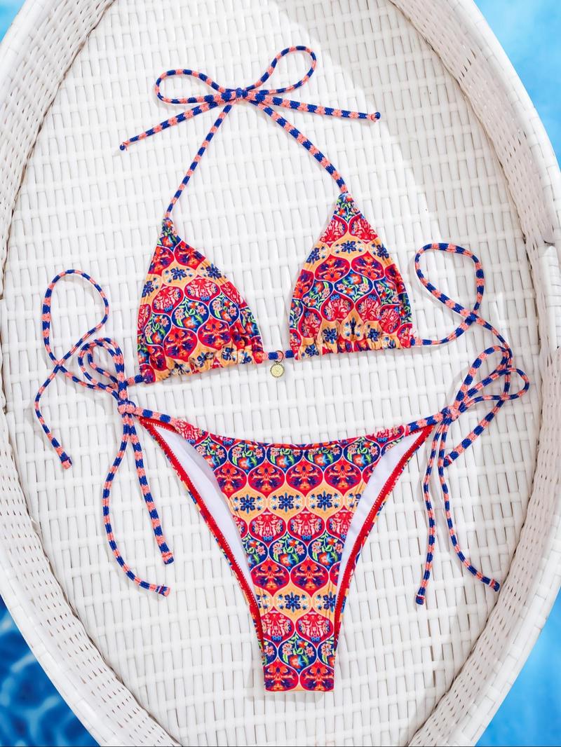 Two-Piece Set Women's Leopard Print Textured Bikinis Set, Casual Halter Triangle Bra & Tie Side Panty, Summer Beach Holiday Vacation Swimwear Set for Women, Tie Back Bikini, Halter Bikini Swimsuit