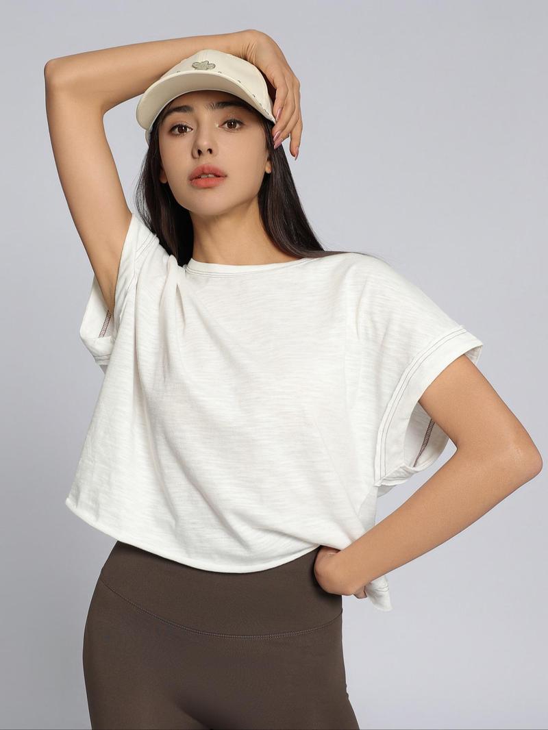 Women's Plain Cut-Out Asymmetrical Hem Batwing Sleeve Tee, Casual Short-Sleeve Round-Neck T-Shirt for Summer, Ladies' Clothing for Daily Wear