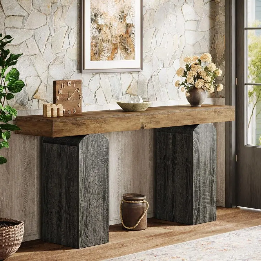 Long Entryway Table, Farmhouse Console Table With 2 Arched Pedestal Legs, Wooden Sofa Console Behind The Couch Entrance, Hallway, Living Room,Vintage Brown & Grey