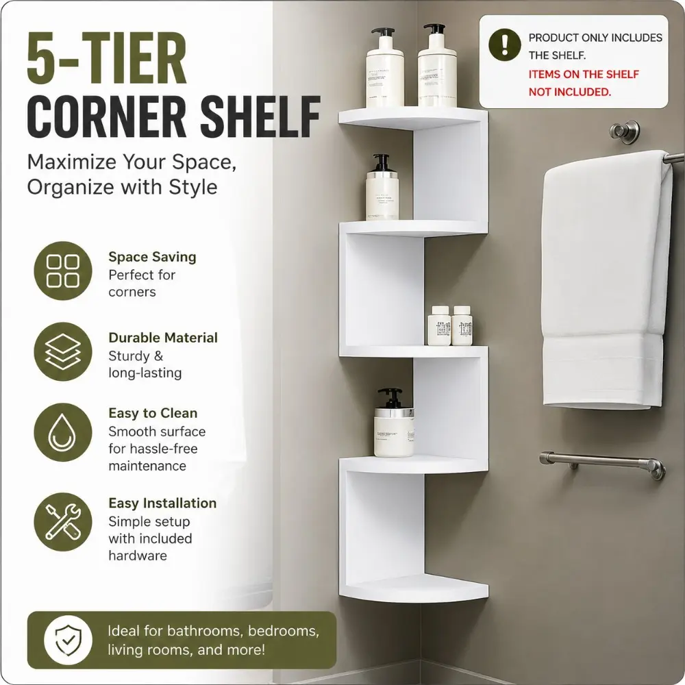 5-Tier Acrylic Corner Wall Shelf, Wall Mounted Floating Storage Shelf, Space Saving Display Organizer for Bathroom, Kitchen, Living Room, Bedroom & Office