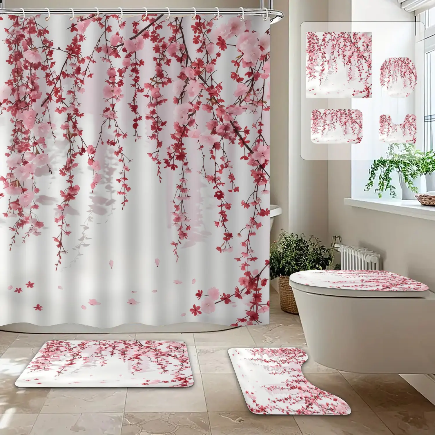 Floral Print Shower Curtain Set, Aesthetic Shower Curtain, Elegant New Traditional Style, 100% Polyester, Waterproof, Bathroom Decor, 1/4pcs