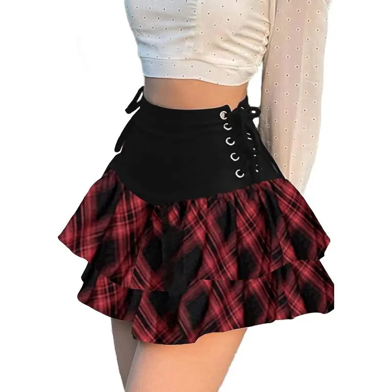 Women’s Y2K Gothic Mini Skirt, High-Waisted Lace-Up Double-Layer Ruffle Skirt, Punk Emo Bottom for Concerts, Parties, Cosplay & Streetwear