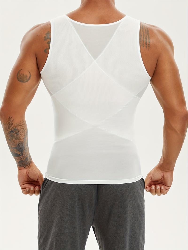 Men's Contrast Mesh Round Neck Shapewear Tank Top, Compression Shapewear Tops, Tummy Control Compression Shirt, Compression Vest for Men, Muscle Slimmer, Breathable Tank Top, Waist Trainer Vest