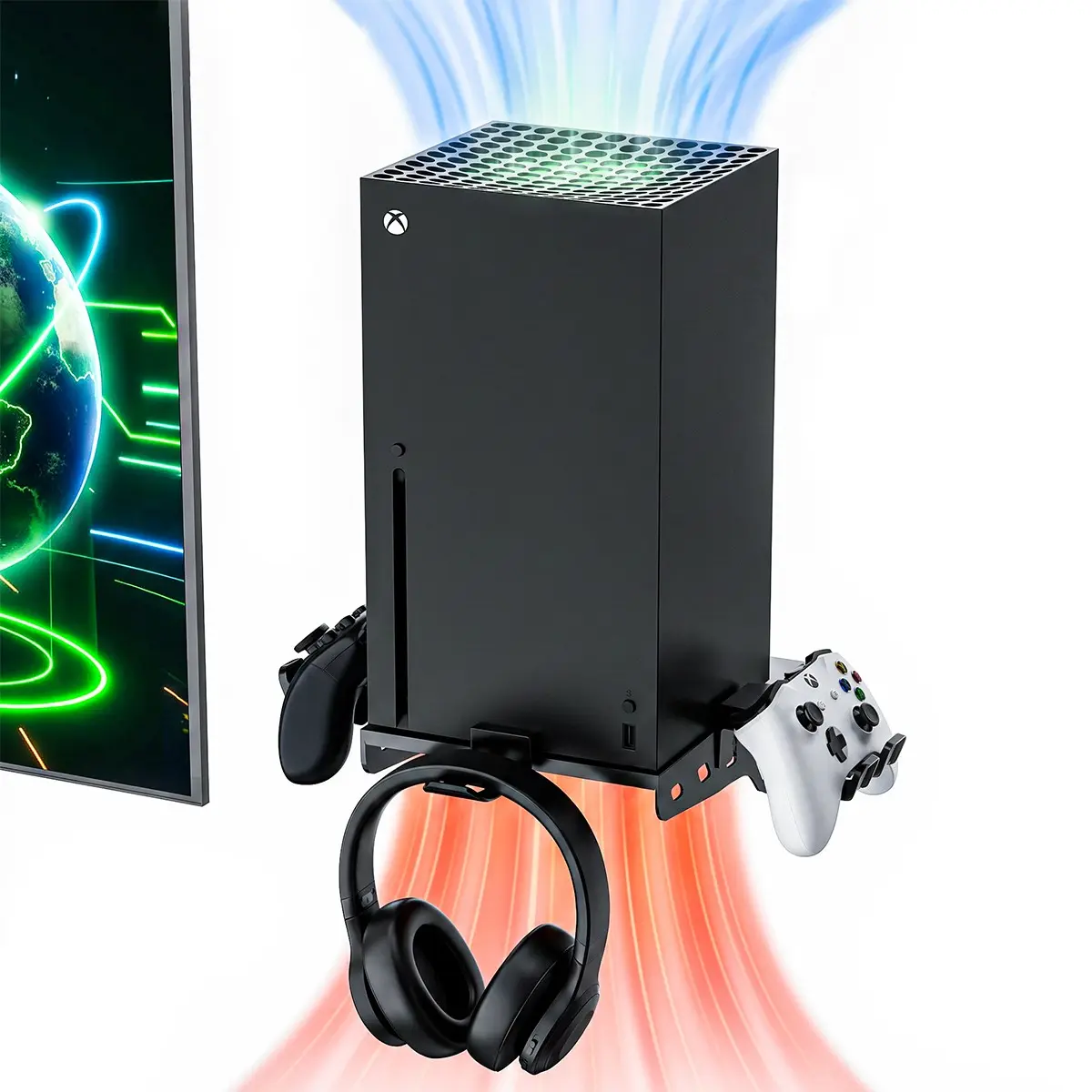 Metal Xbox Series X Wall Mount Bracket, Includes 2 Controller Hangers and Earphone Hook, Space-Saving Design, Load Capacity 22 Lbs