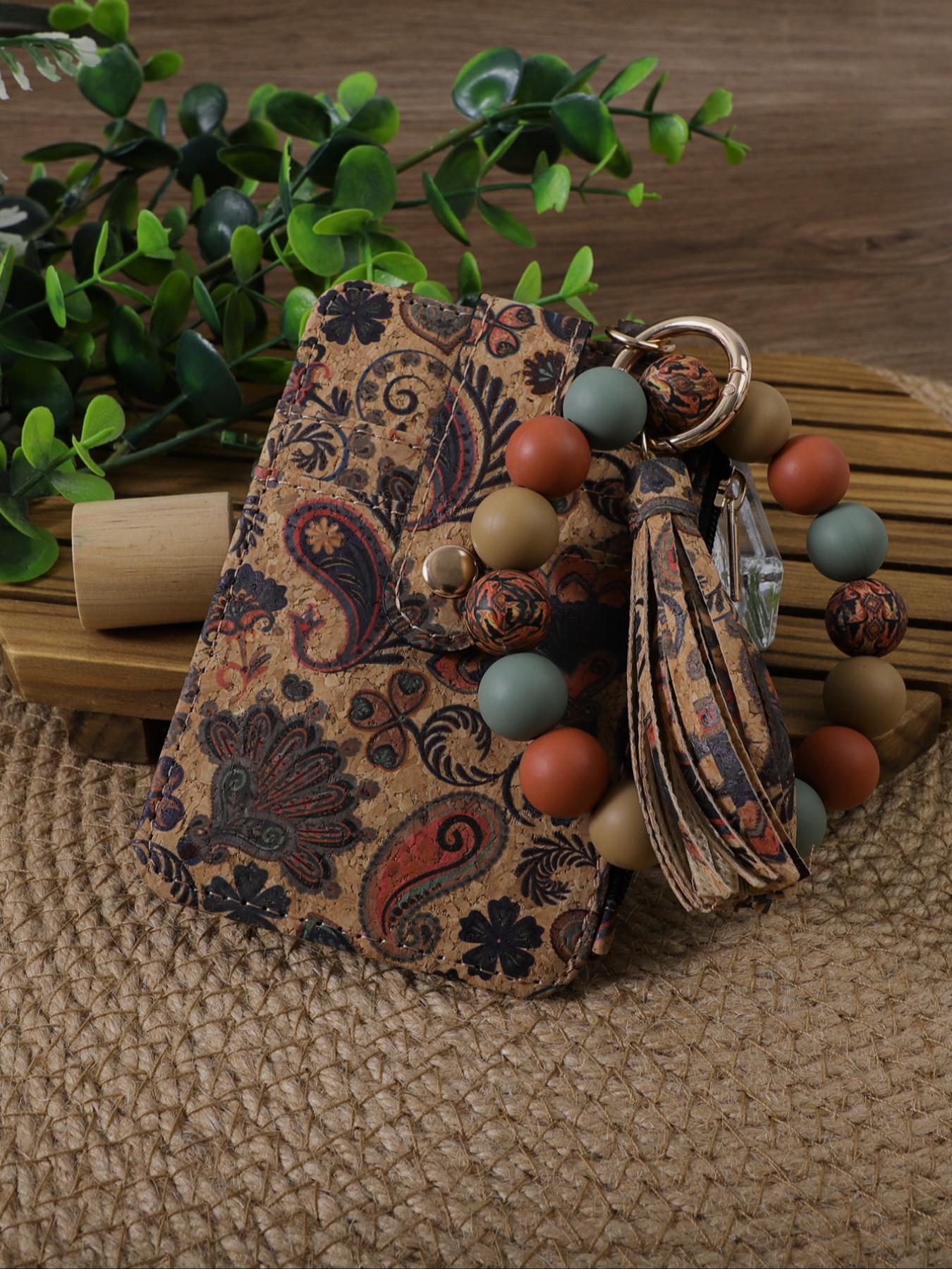 Vintage Boho Style Keychain, Stylish Keychain, Floral & Geometric Pattern Beaded Keychain with Card Holder Set for Women & Girls, Fashion Accessories for Daily Use