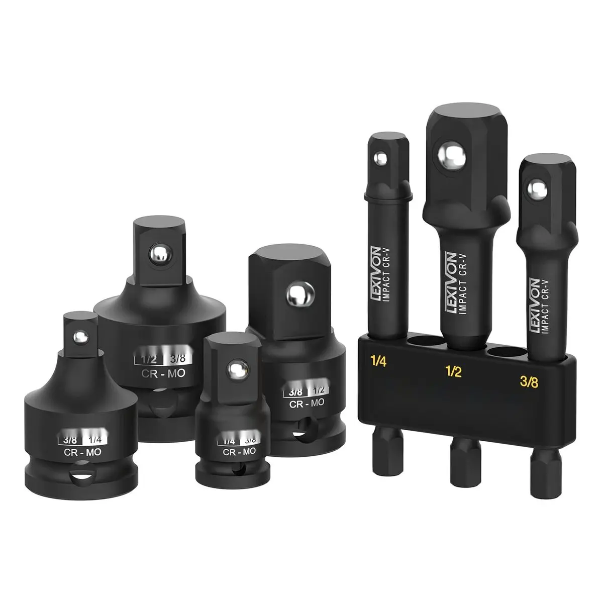 7-PIECE Impact Socket Adapter Combo Kit, Increaser, Reducer and Extension Set, 1/4 to 3/8 to 1/2 Inch Drive Conversions, Rust Protection Coating