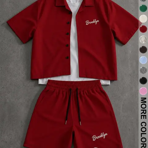 Men's Brooklyn Graphic Print Short-Sleeve Shirt & Drawstring Shorts 2-Piece Set, Summer Casual Loose-Fit Comfortable Stylish Outfit