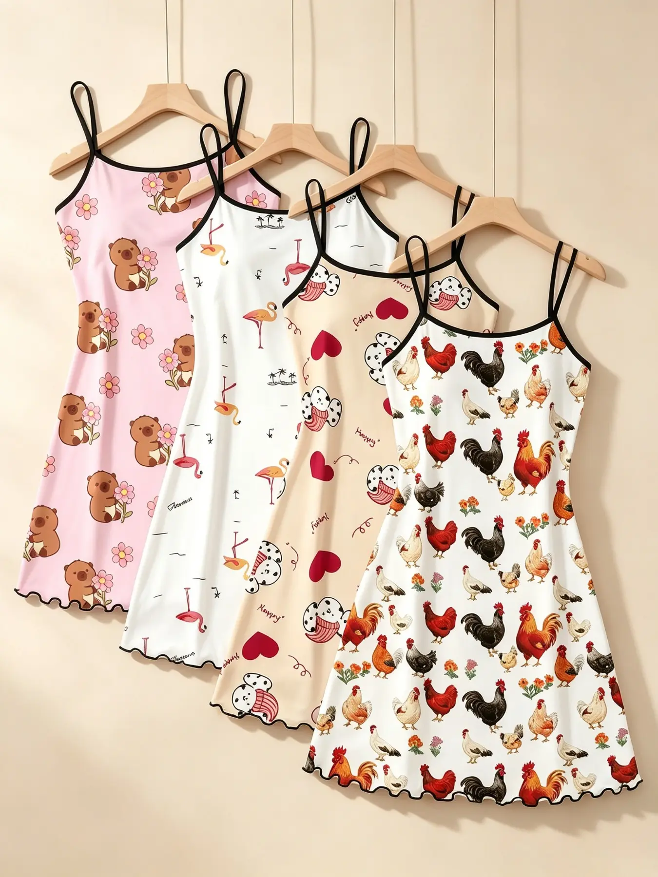 Women's Sleepwear & Loungewear, Printed Nightgown, Loose Loungewear Dress 4 Pack Value Set Capybara Print Summer Spaghetti Strap Lettuce Ruffle Hem Soft Breathable Lightweight Sleeveless Cami Nightgown Casual Slip Dress Home Daily Wear
