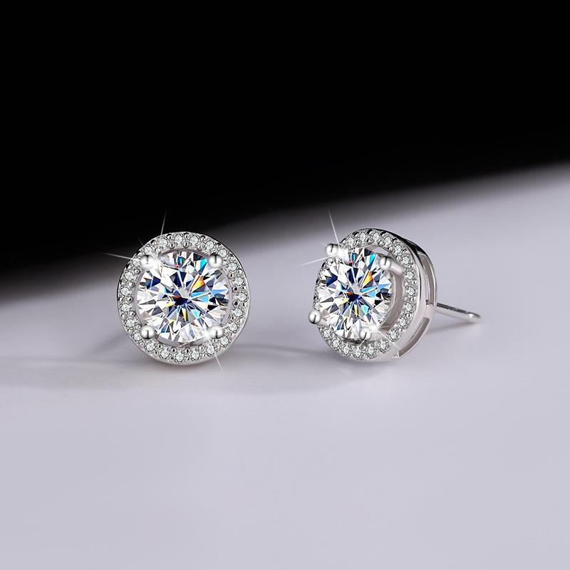 Women's Full Diamond Stud Earrings, Single-Carat Princess Round Cut Simulated Moissanite Earrings, Women's Ear Jewelry
