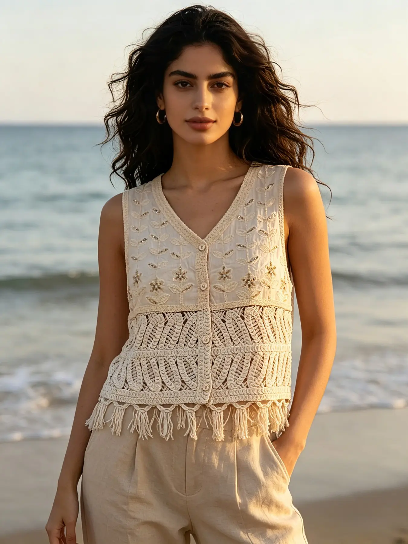 Ethnic Beaded Knit Crochet Vest for Women, Summer Lightweight Hollow Out Single Button Cardigan, Chic Stylish Outerwear for Spring and Summer