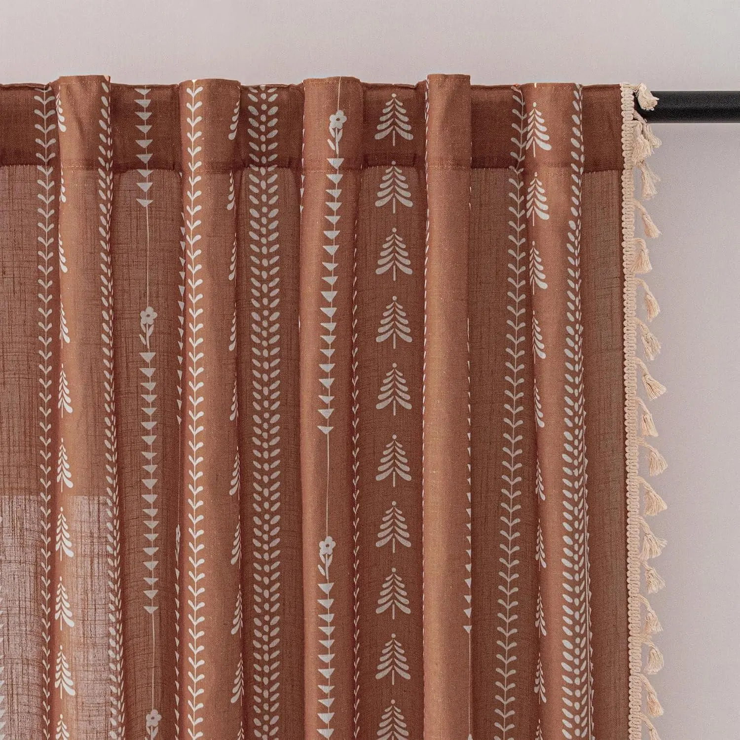 Boho Terracotta Curtains 63 Inch Length - Geometric Patterned Linen Rust Semi Sheer Light Filtering Rustic Curtains for Bedroom with Tassels  Tab, 50" Wide Each Panel, 2 Panels