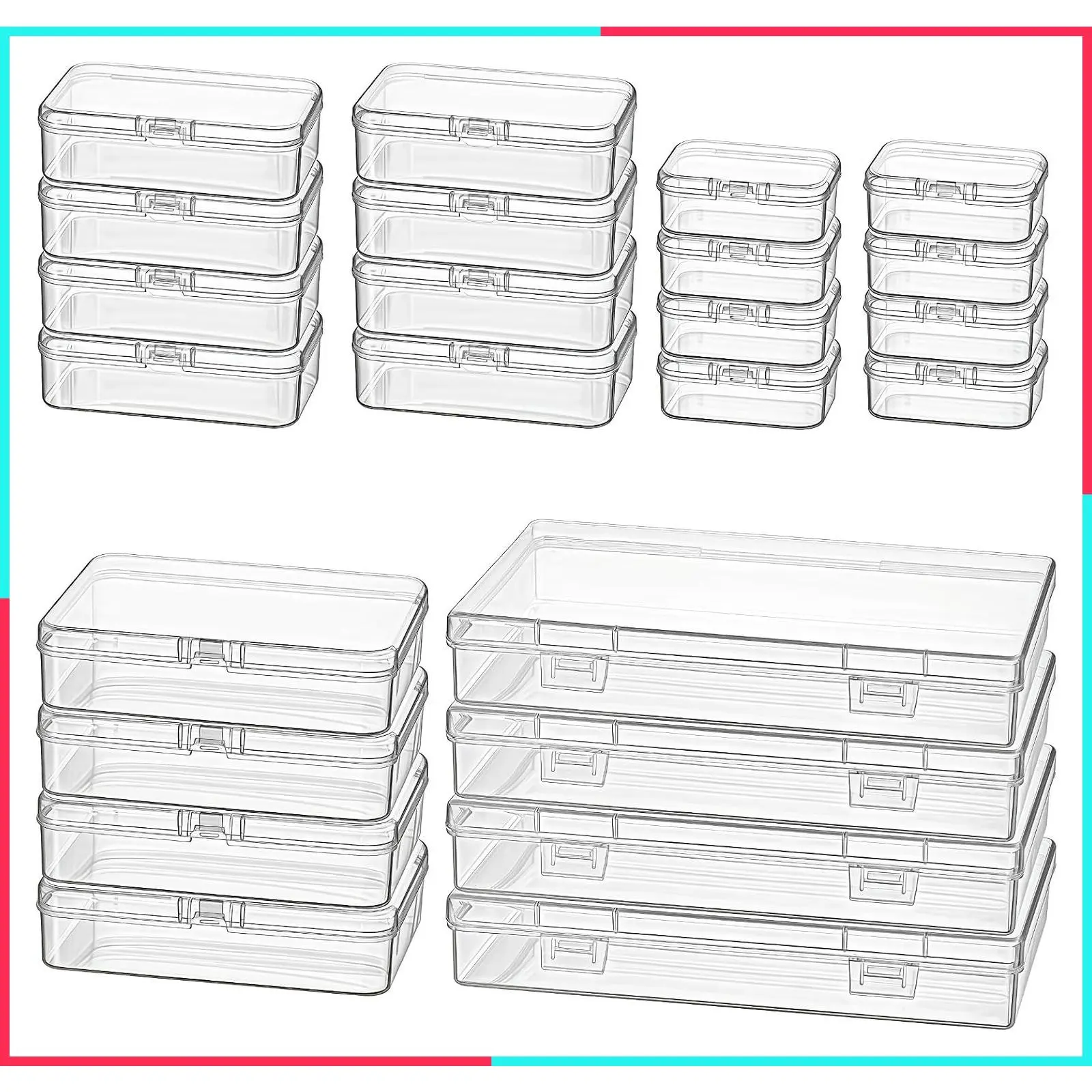 24 Pack Rectangular Clear Plastic Organizer Boxes, Mixed Sizes, Mini Empty Storage Containers