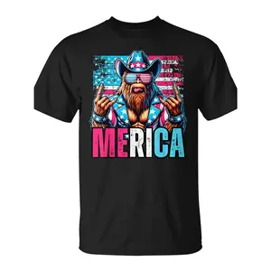 Men's Short-Sleeve Funny Sasquatch Merica 4th Of July American Flag Cowboy Rocker T-Shirt - Unisex Top-Quality Comfortable Casual Printed Summer Streetwear, 2026 Christmas Novelty Daily Wear