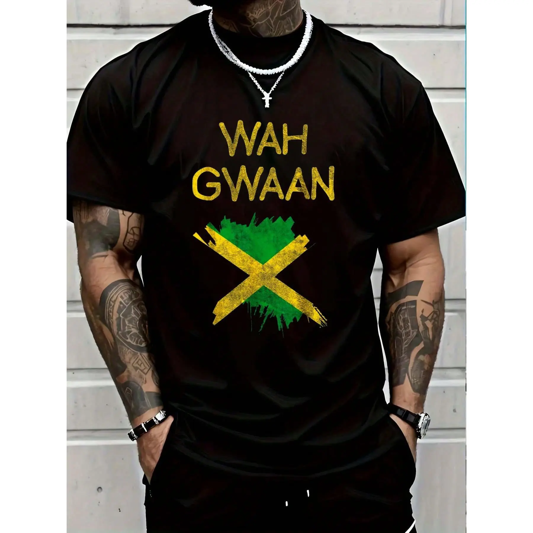 Men's 100% Cotton Conventional Fashion Round Neck Print Short-Sleeve Graphic T-Shirt - Gentle Stretch Knitted Fabric, Jamaican Flag Wah Gwaan Pride Reggae Top for Sports & Outdoor Activities, Gentle Stretch Men's Short Sleeves Sport T-Shirt, Jersey Men's