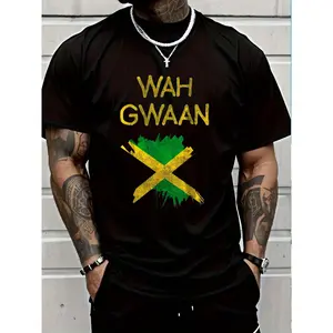 Men's 100% Cotton Knitted Soft Shortsleeve Graphic Tee, Jamaican Flag Wah Gwaan Pride Reggae Vacation Top with Hem, Menswear for Sports & Outdoor Activities