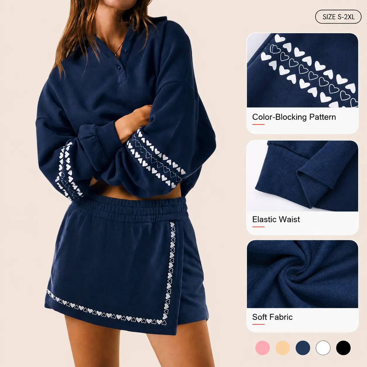 Imily Bela Women's Casual Two Piece Set Heart Border Embroidery Polo Sweatshirt & Sports Skort