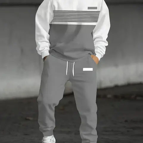 Men's Fall/Winter Colorblock Pullover Hoodie & Joggers Set, Casual Loose-Fitting 2-Piece Sweatsuit, Stylish Casual Tracksuit, Fashion Daily Streetwear