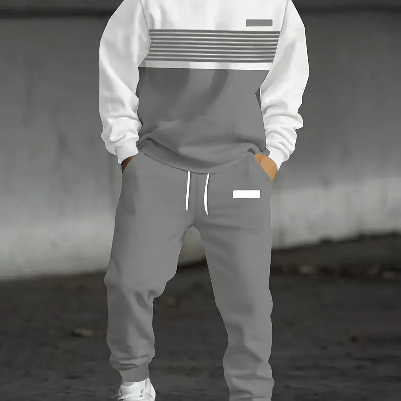 Men's Fall/Winter Colorblock Pullover Hoodie & Joggers Set, Casual Loose-Fitting 2-Piece Sweatsuit, Stylish Casual Tracksuit, Fashion Daily Streetwear