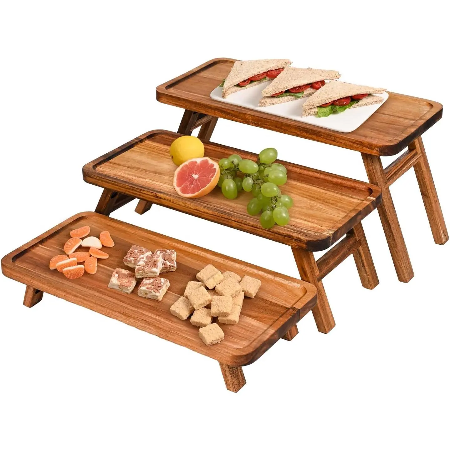 Acacia Wooden 3-Tier Foldable Serving Tray Stand - Modern 3-Size Display Trays, Party Decor for Christmas, Dessert/Charcuterie Table Display (Kitchenware & Tableware), Weddings