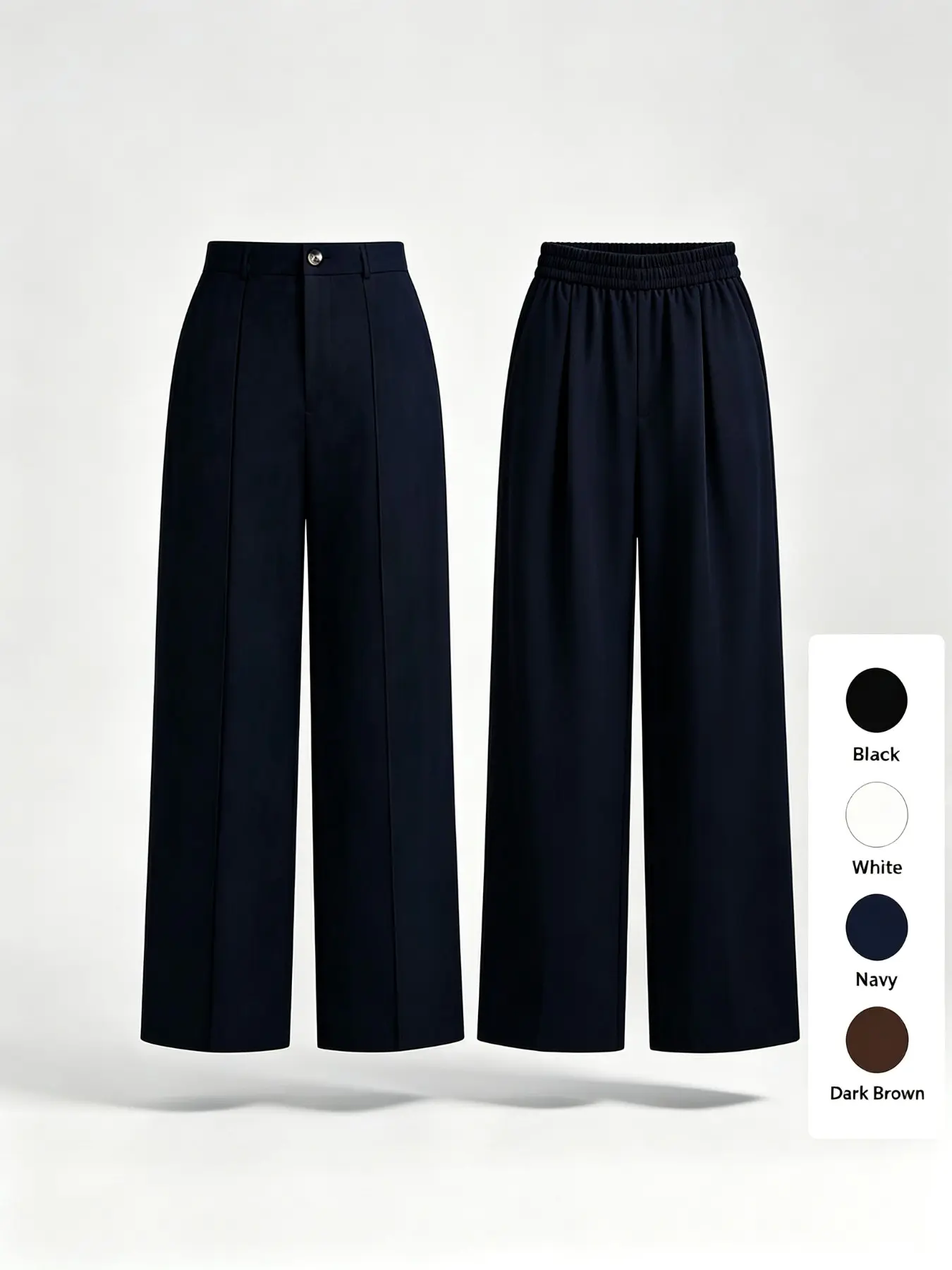 High-Waisted Wide Leg Loose Suit Pants, Front Button Back Elastic Waist, Slimming Business Casual Long Pants for Plus Size Women
