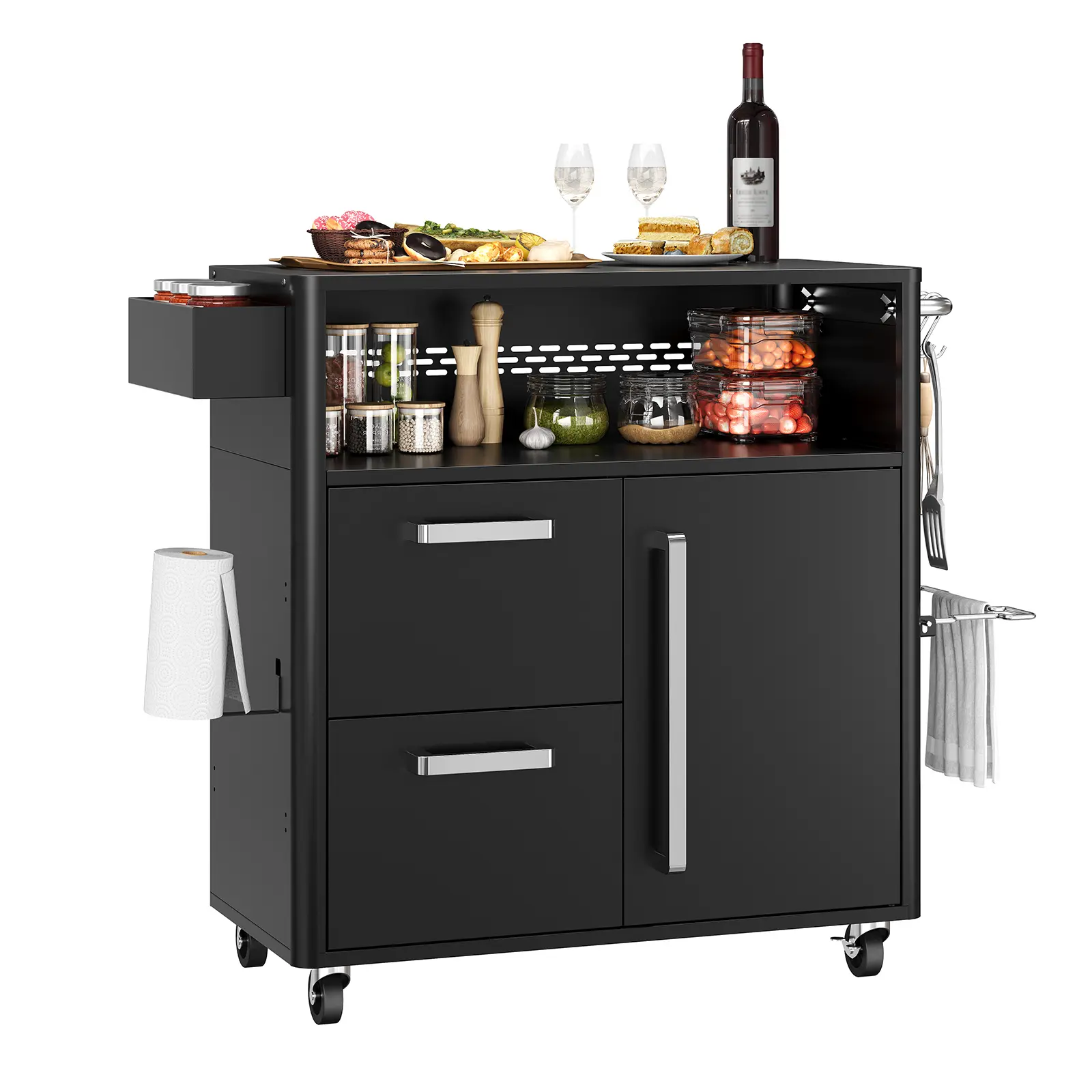 Mobile Outdoor Kitchen Cart - Premium Stainless Steel Prep Table with Single Door & Dual Drawers - Rolling BBQ Station w/ 2 Locking Wheels for Grilling & Serving