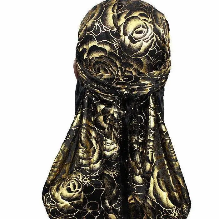 Custom Men's Print Durags Turban Hat Bandanas Headwear Rose Printed Men Durag Long Straps Waves Hair Accessories