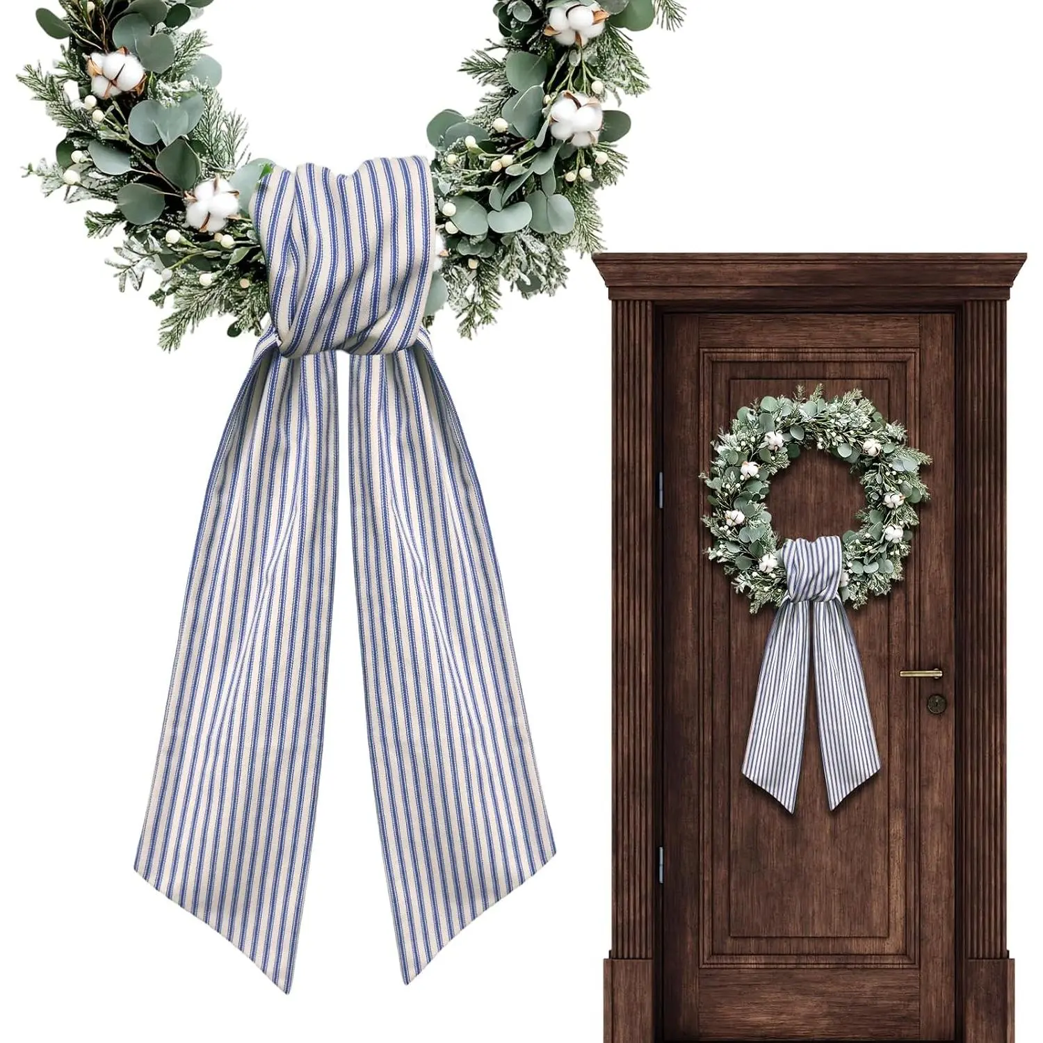 Modern Front Door Spring Wreath Sash, Blue Striped Burlap Ribbon Accessory for Birthday, Shower Wedding Decorations