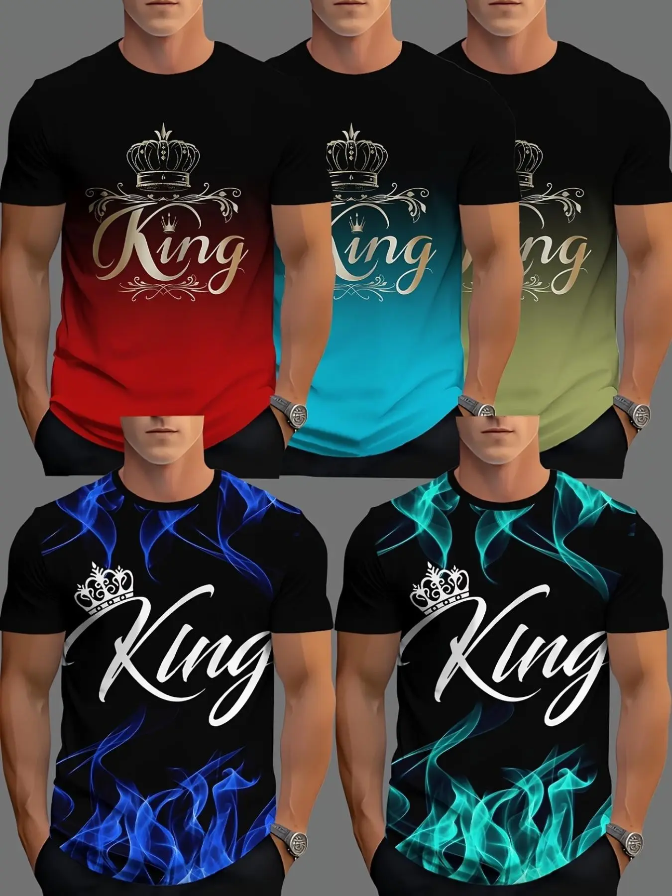 Men's Casual Loose-Fitting Short Sleeve T-Shirt, All over Print, High Elasticity, Summer Fashion, 5-Pack, Round Neck, Gradient Color