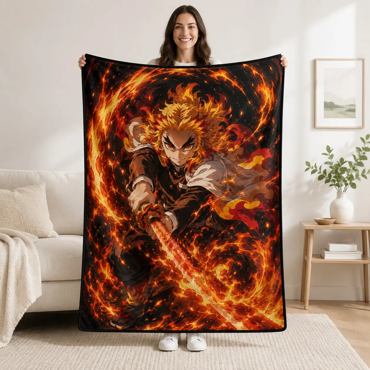 Anime Blanket Featuring Rengoku Kyojuro, Soft Flannel, High-Definition Print, Cozy for Home Sofa Bedroom Dorm, Essential for Watching Shows Naps, Flannel Blanket Throw
