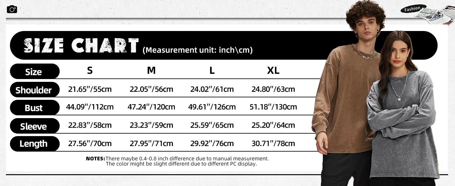 Unisex Oversized Sweatshirt for Men Women Vintage Loose Fit Cotton Pullover Crewneck Baggy Acid Wash Long Sleeve Basic T-Shirt for Casual Wear Y2K,back to school,back to school shopping
