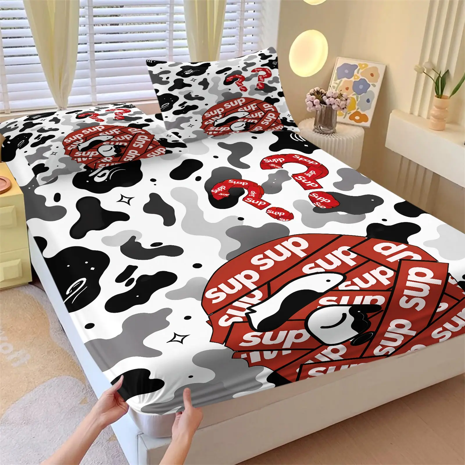 White-Black Camo Ape Head Stacked-Text Graphic Fitted Sheet Set, Bedding Sheets (1 Fitted Sheet + 2 Pillowcases), Soft Wrinkle Resistant Breathable Skin-Friendly Fabric, Deep Pocket Anti-Slip Design, Streetwear Enthusiast