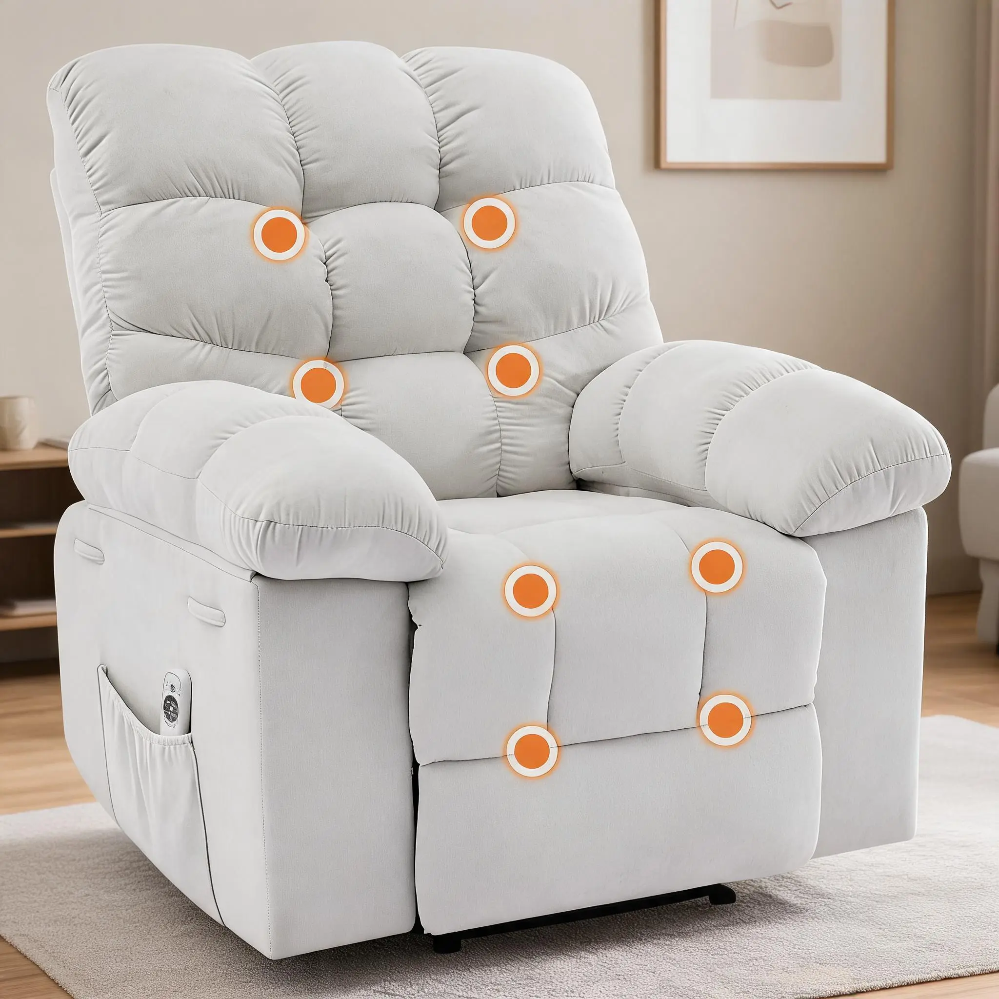 Cloud Recliner Chair with Massage and Heat, 21.3-Inch Wide Seat, Linen Upholstery, Iron Frame, Available in Gray, Brown, and Beige