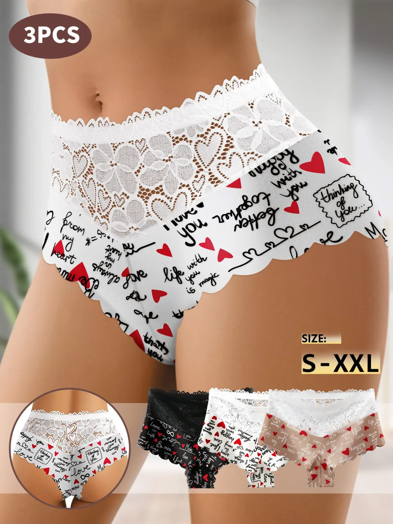 Quasti 3-Pack Graffiti Mid-Waist Lace Underwear, Breathable and Comfortable, Tummy Control and Butt Lift Women's Triangle Panties