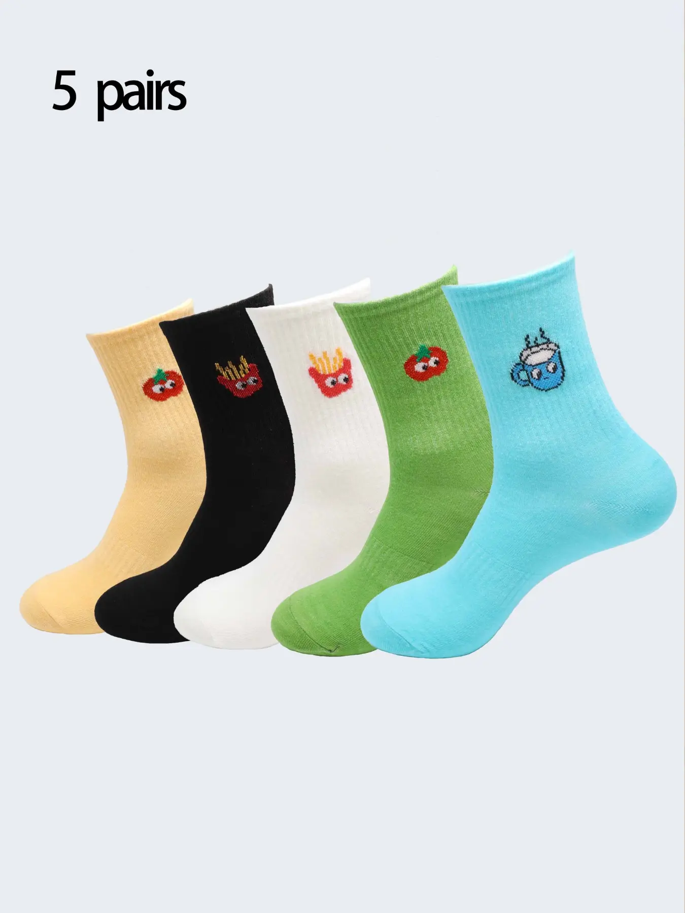 5 Pairs Women's Casual Crew Socks, Cartoon Pattern, Fitted, All Seasons, Trendy Daily Wear, Mid-Calf Socks, Unlined